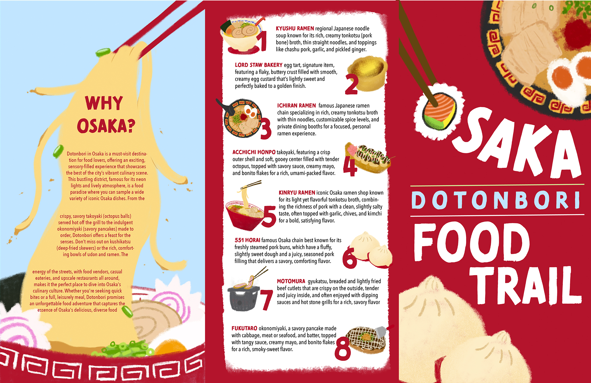 delicious illustrtaions of osaka foods in brochure with information of the reasturants