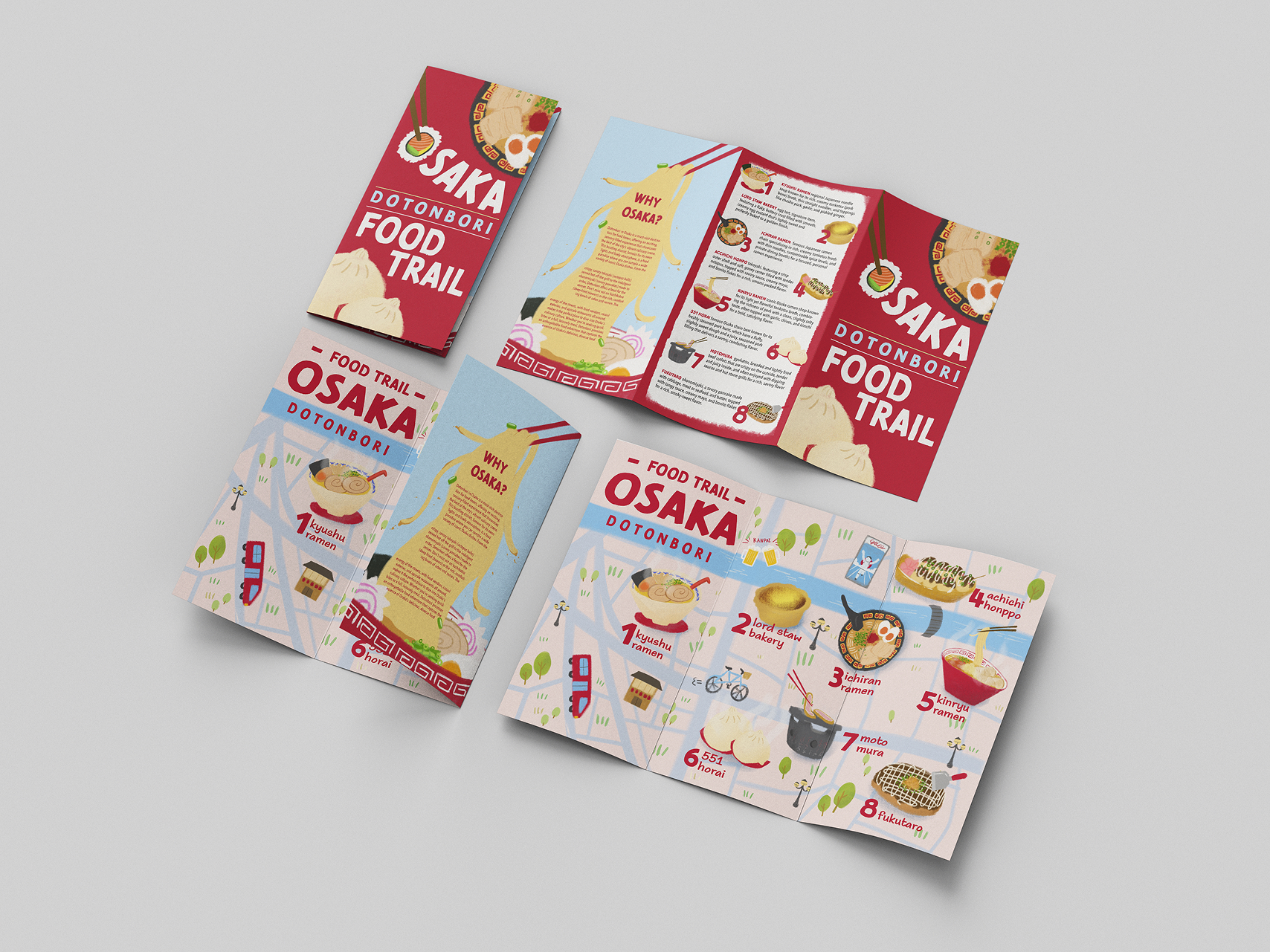 delicious illustrtaions of osaka foods in brochure with information of the reasturants 