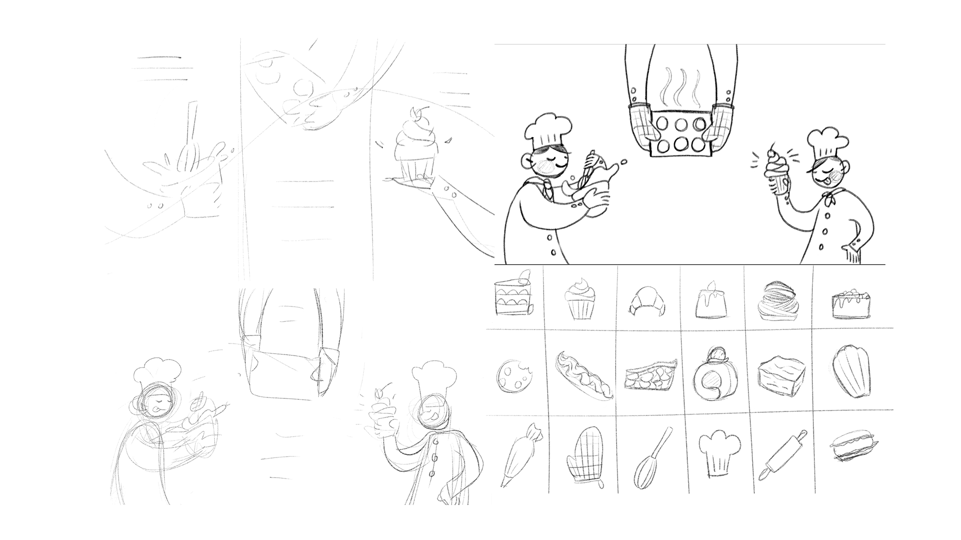 sketches of illustrtaion of the characters making a cupcake