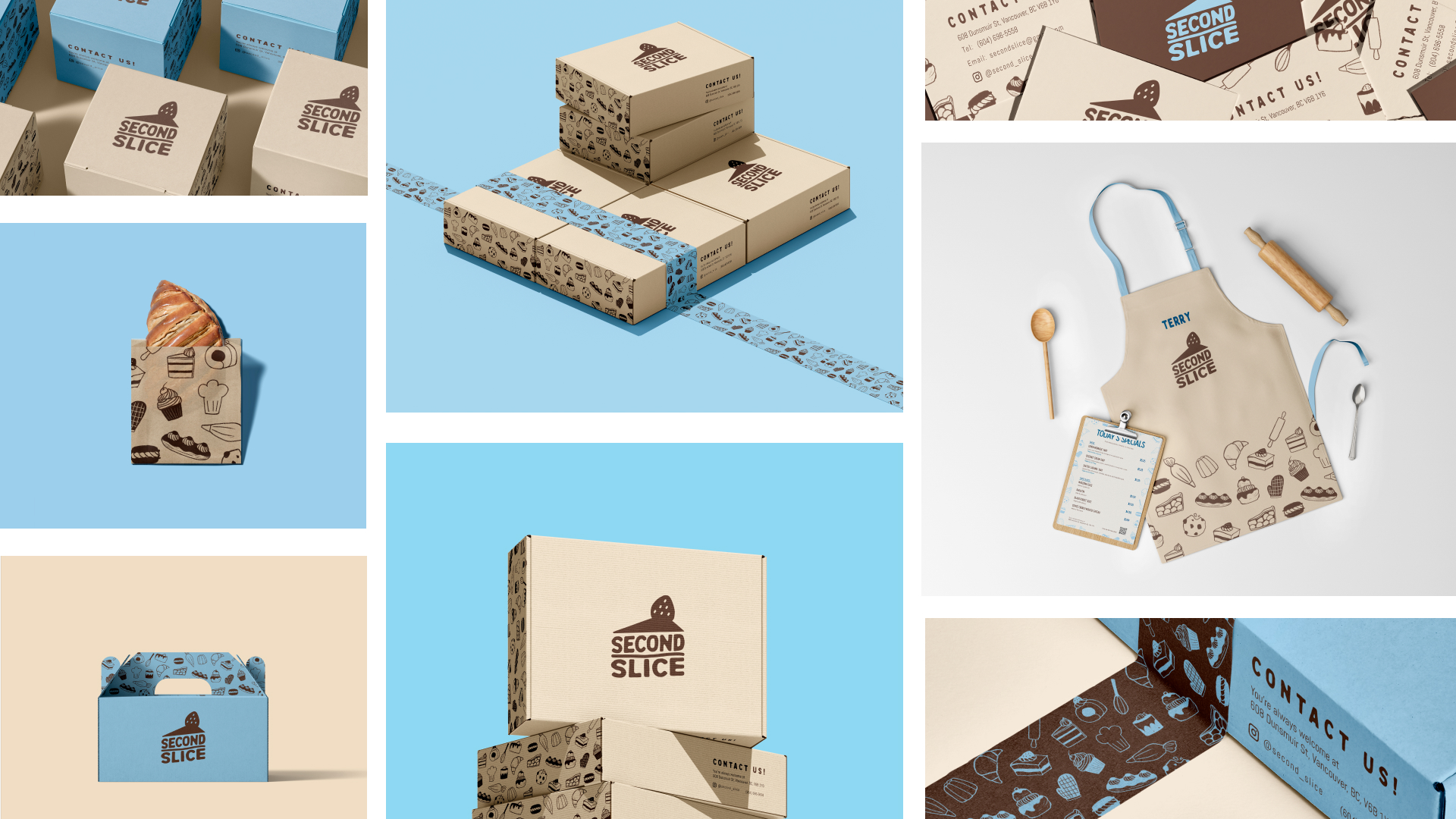 final mockup of the logos and patterns, bakery box, apron, business card