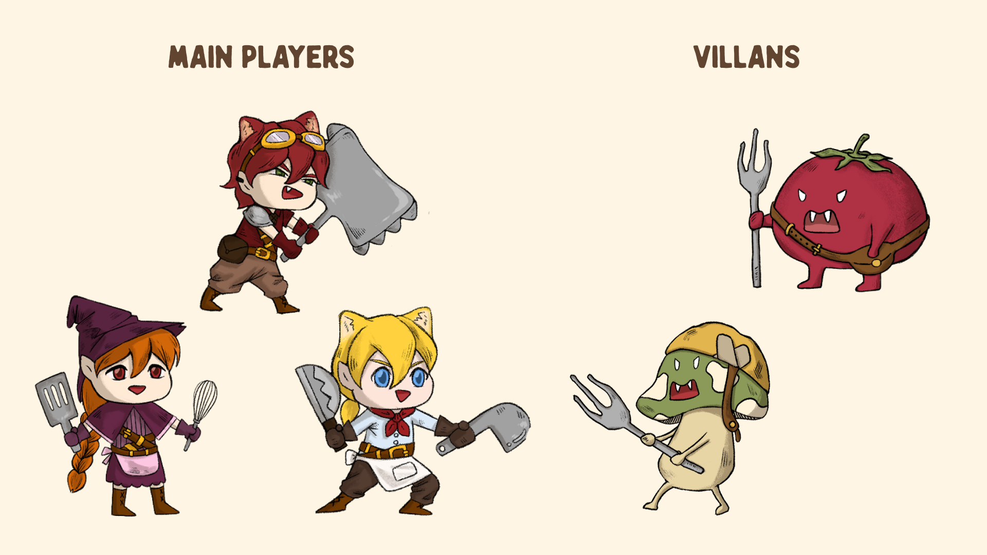 layout of chracters of dungeon bites 3 main characters and 2 villans 