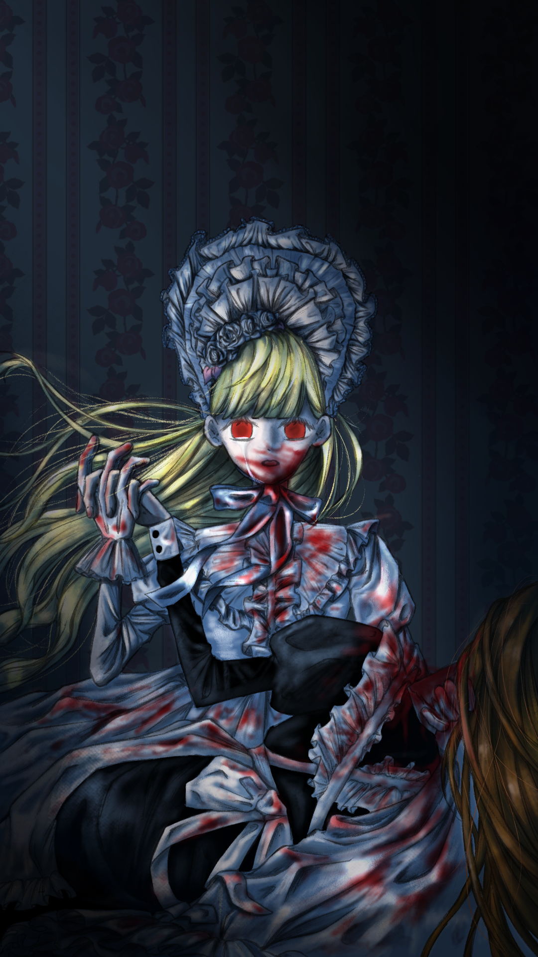 sad vampire story illustration, a vampire girl eating her maid